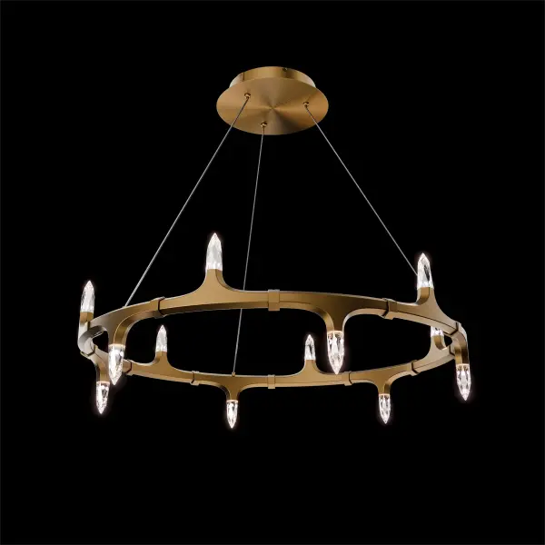 The Kornel pendant transforms any space with its medieval crown-inspired design and integrated LED technology. Geometric ring details support staggered faux candles in pristine Optic Haze Quartz, creating mesmerizing shimmer and shadow effects.