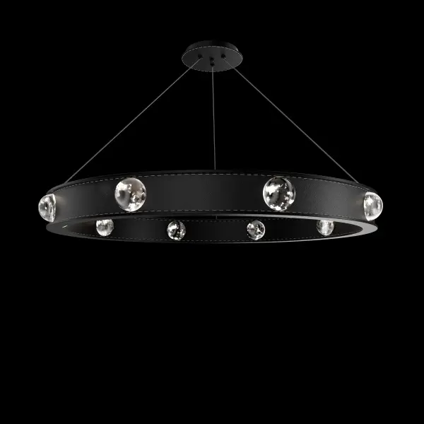 A stunning 36-inch round pendant that merges contemporary design with artisanal craftsmanship. The leather band studded with Optic Haze Quartz crystals creates a sophisticated focal point, while integrated LEDs offer four color temperatures for versatile ambiance.