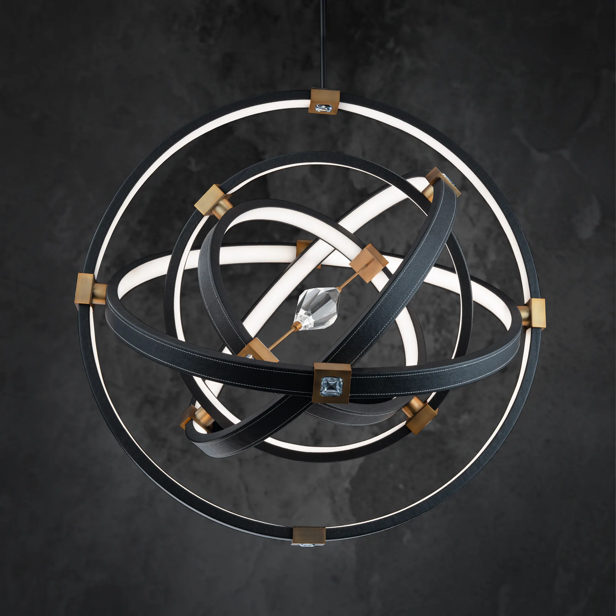Atomic 36in LED 3000K/3500K/4000K 120V-277V Pendant in Black Leather - Aged Brass with Clear Optic Crystal