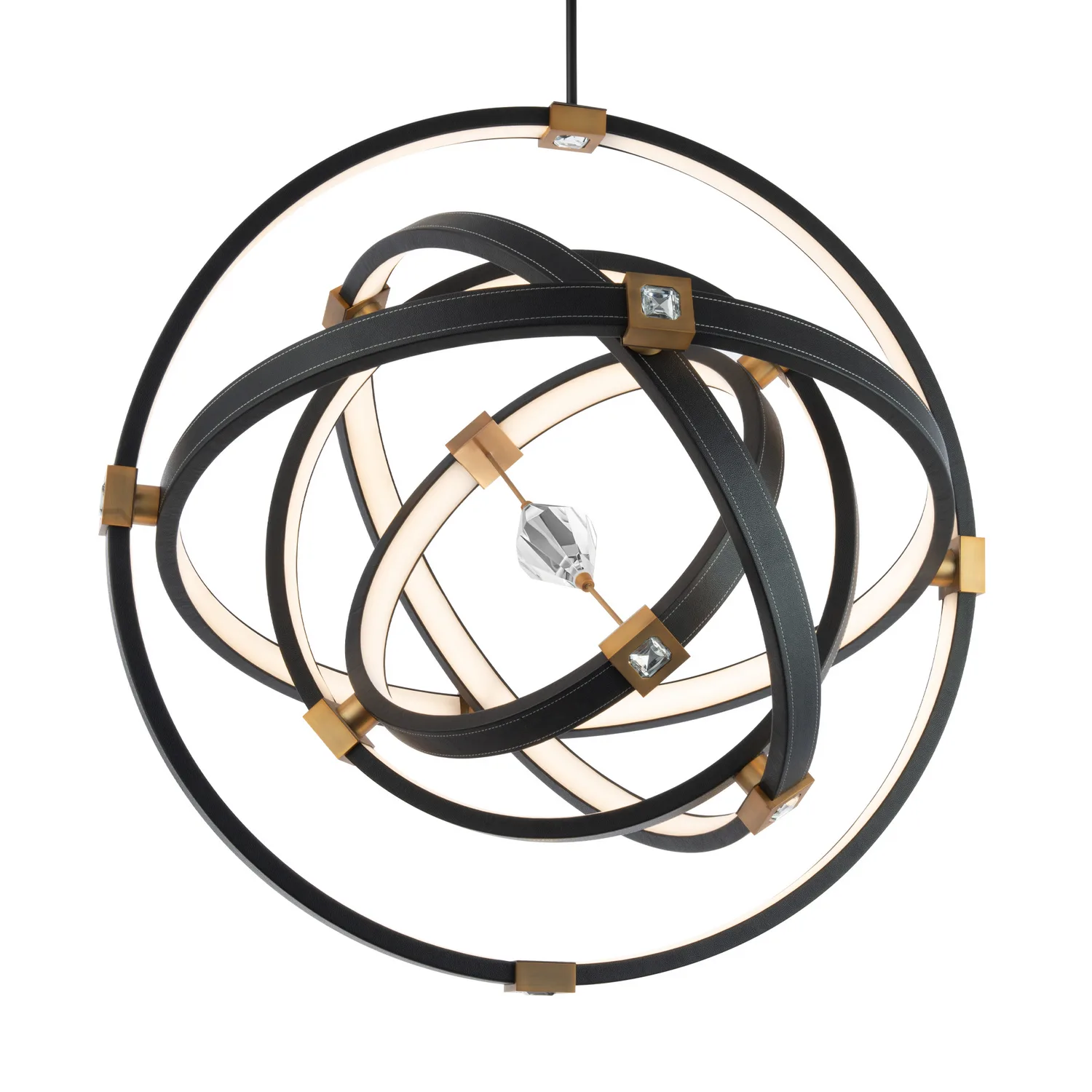 Atomic 36" LED Pendant in Black Leather with Aged Brass