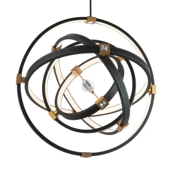 A dramatic 36-inch pendant that combines artistry with function. Stitched black leather bands illuminate from within while rotating around a crystal nucleus with LED uplight. The aged brass accents add warmth to the bold design.