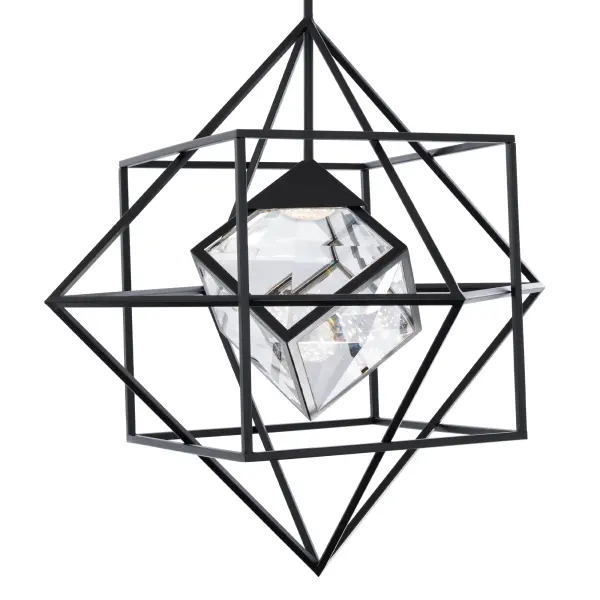 A show-stopping 38-inch cube pendant that commands attention with its nested geometric design and illuminated faceted Optic Crystal centerpiece. The bold scale and architectural form make it ideal for grand spaces.