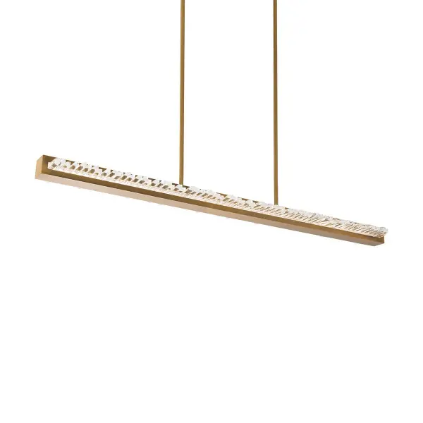 Faceted Optic Crystal bars are staggered within a luminous aged brass channel, creating a glissade of enchanting uplight.