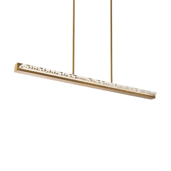 Faceted Optic Crystal bars are staggered within a luminous aged brass channel, creating a glissade of enchanting uplight.