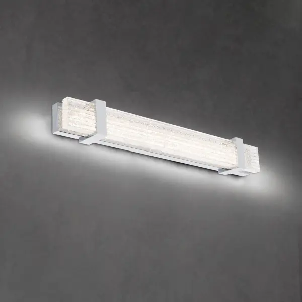 A stunning bath sconce for the ages commands attention with V-cut channels precisely hand-applied with Schonbek Radiance® Crystal Dust.  This ADA Compliant luminaire may be mounted vertically and horizontally as a vanity light or wall sconce.