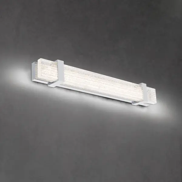A stunning bath sconce for the ages commands attention with V-cut channels precisely hand-applied with Schonbek Radiance® Crystal Dust.  This ADA Compliant luminaire may be mounted vertically and horizontally as a vanity light or wall sconce.