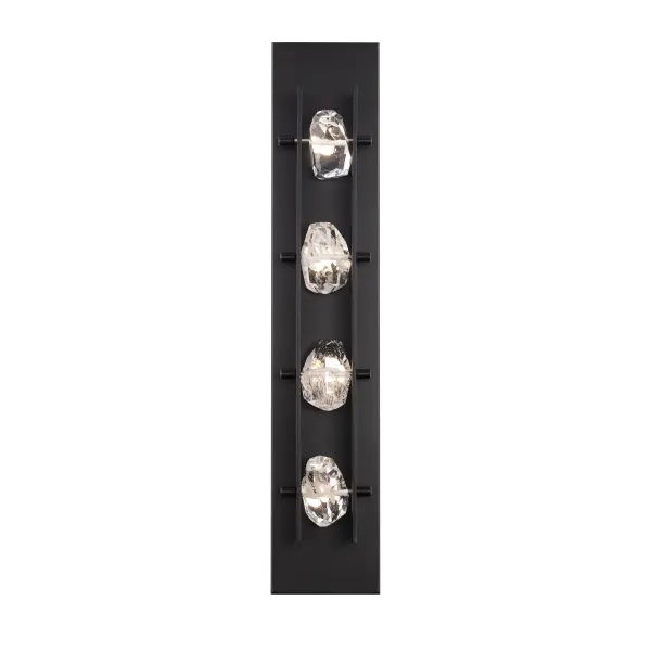 Mixed materials devise a textured aesthetic. A single brilliant Optic Haze® Quartz pendant suspended from leather strapping and chrome reflects light in all directions. The sparkle is enhanced by a crystal-encrusted canopy.