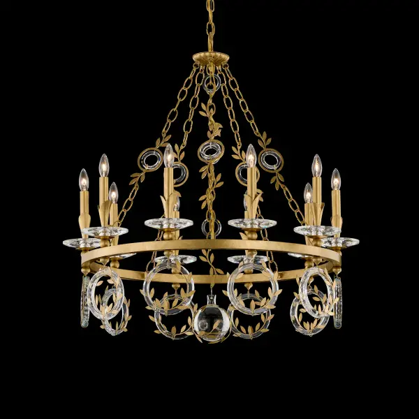 Concetta is a breathtaking blend of organic beauty and refined artistry, featuring a circular silhouette crafted from concentric tiers of faceted Radiance® Crystal rings. Intricately cut polished metal leaves twine gracefully around each ring like delicate vines, creating a brilliant display of light and texture. This striking design juxtaposes modern luxury with natural elegance.