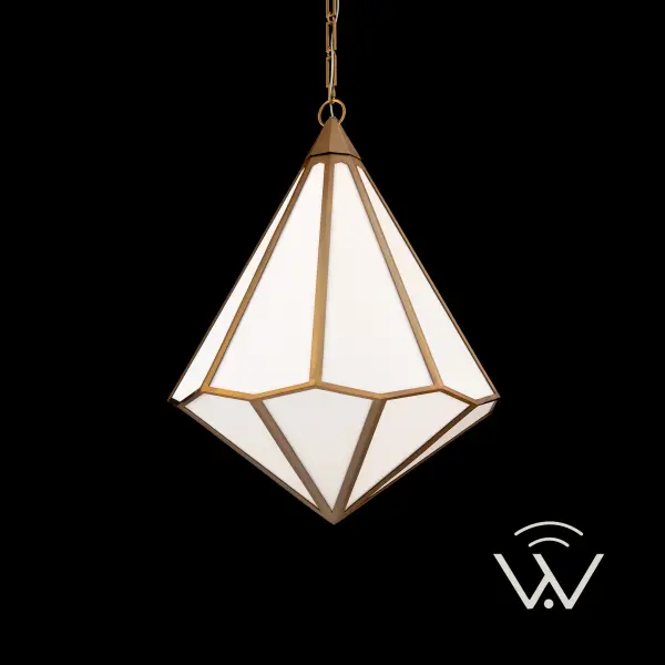 The Dominoe Pendant celebrates Tiffany-inspired artistry with handcrafted glass panels, each glowing with the soft iridescence of opalescent color. The hand-finished metal frame and ornate decorative chain recall the romance of early 20th-century craftsmanship, while the angular silhouette lends a contemporary edge.