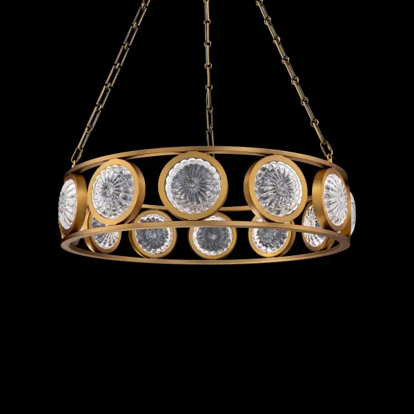Bangelle evokes the allure of a handcrafted bracelet—fluid, radiant, and timelessly elegant. An articulated metal frame surrounds a row of round, pressed glass pucks with Radiance® Crystal dust diffuser, each refracting light with the luminous intensity of cut gemstones. The composition feels both structured and organic, like a strand of light suspended in motion.