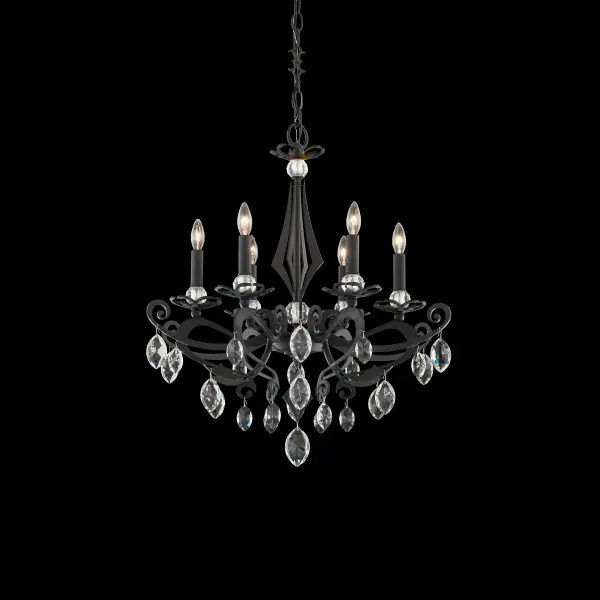 With its intricate symmetry and haunting grace, Persephone is a sculptural symbol of devotion, mystery, and eternal elegance. The luminaire's handcrafted, curving arms and angular column recall the grandeur of cathedral ironwork, where arched forms, pointed spires, and graceful scrolls unite in a silhouette of gothic splendor. Candelabras rise from crystal bobeches, poised in a delicate balance between fragility and strength, while faceted Radiance® Crystal drops glimmer below in quiet brilliance.