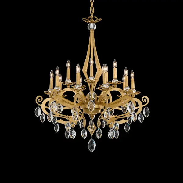 With its intricate symmetry and haunting grace, Persephone is a sculptural symbol of devotion, mystery, and eternal elegance. The luminaire's handcrafted, curving arms and angular column recall the grandeur of cathedral ironwork, where arched forms, pointed spires, and graceful scrolls unite in a silhouette of gothic splendor. Candelabras rise from crystal bobeches, poised in a delicate balance between fragility and strength, while faceted Radiance® Crystal drops glimmer below in quiet brilliance.