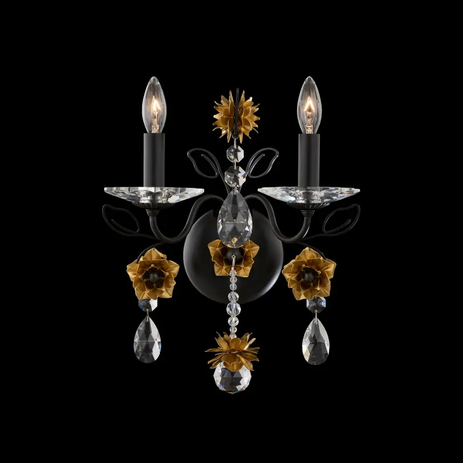 Camellia 2-Light Wall Sconce in Heirloom Gold with White Flowers and Clear Radiance Crystal