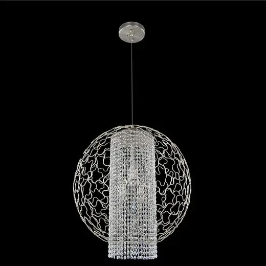 Meaning World in Latin, this globe patterned orb features a Tarnished Silver Finish and a Cascade Column of our Clear Firenze Crystal. It is cable suspended so the beauty is not distracted by chain or other suspension methods. Collection: Mundo Rooms: Kitchen, Dining, Great Room, Foyer Finish: Tarnished Silver Glass: Firenze Clear Crystal: Firenze Clear Notes: Firenze Clear Width: 26.00" Height: 26.00" Weight: 38.00 lb Chain: 96`` Wire: 96`` Number of Bulbs: 4 Maximum Wattage: 60.00 W Bulb Type: E26 Bulb Base: E26 Medium Dimmable Voltage: 120.00 V Material: Plated Steel Country of Origin: China Safety Listing: cETL Safety Rating: Dry