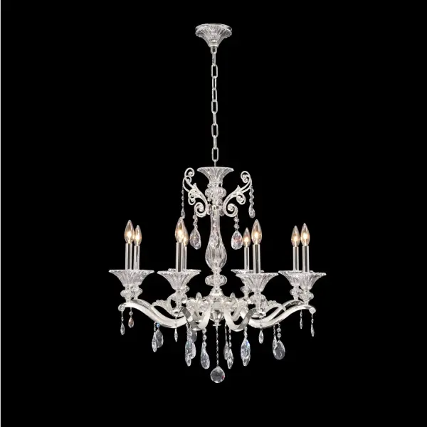 The Two-Toned Silver Cast Frame is set off with Swarovski Spectra Crystals. Collection: Vasari Rooms: Dining Room, Bedroom, Kitchen, Foyer Finish: Silver Glass: Swarovski Spectra Clear Notes: Swarovski Spectra Clear Width: 29.00" Height: 28.00" Weight: 44.00 lb Chain: 48`` Wire: 96`` Canopy: 5``x2.5`` Number of Bulbs: 8 Maximum Wattage: 60.00 W Bulb Base: E12 Candelabra Dimmable Voltage: 120.00 V Material: Cast Solid Brass Country of Origin: China Safety Listing: Dry Safety Rating: cETL