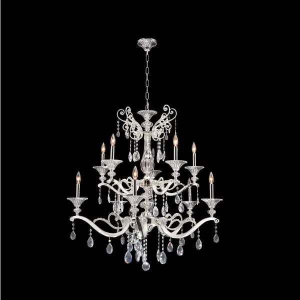 The Two-Toned Silver Cast Frame is set off with Swarovski Spectra Crystals. Collection: Vasari Rooms: Dining Room, Bedroom, Kitchen, Foyer Finish: Silver Glass: Swarovski Spectra Clear Notes: Swarovski Spectra Clear Width: 37.50" Height: 38.00" Weight: 98.00 lb Chain: 96`` Wire: 120`` Canopy: 5``x2.5`` Number of Bulbs: 10 Maximum Wattage: 60.00 W Bulb Base: E12 Candelabra Dimmable Voltage: 120.00 V Material: Cast Solid Brass Country of Origin: China Safety Listing: Dry Safety Rating: cETL