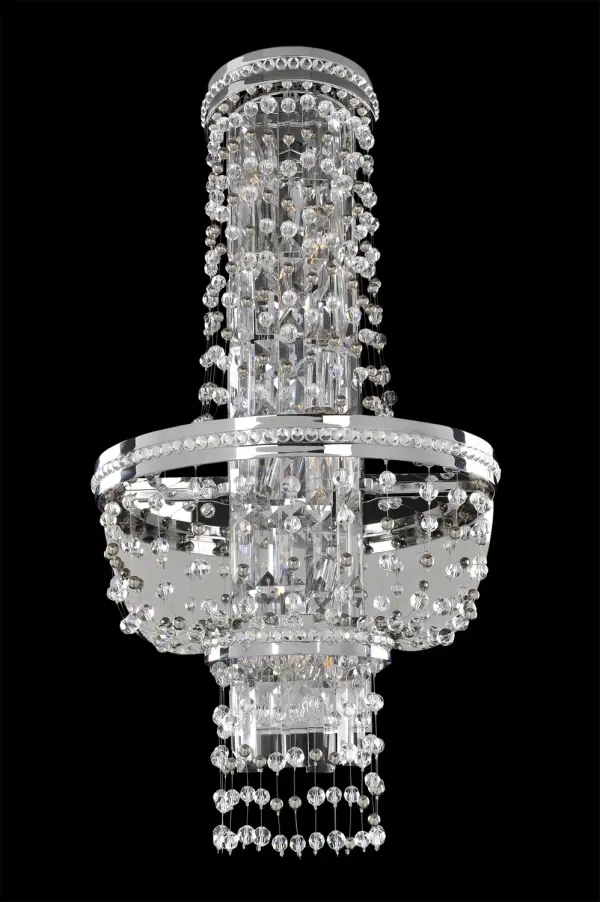 A modern version of the classic empire style frames feature an interior column of Firenze crystal along with jeweled embedded bandings and shimmering polished chrome beads and crystals flowing the top to the basket. Collection: Capri Rooms: Living Room, Bedroom, Family Room, Dining Room Finish: Chrome Glass: Firenze Clear Notes: Firenze Clear Width: 13.00" Height: 24.00" Weight: 11.00 lb Extension from Wall: 7.00" Wire: 12`` Mounting Height: 10.50" Canopy: 6``x21`` Number of Bulbs: 5 Maximum Wattage: 40.00 W Bulb Base: E12 Candelabra Dimmable Voltage: 120.00 V Material: Steel Country of Origin: China Safety Listing: Dry Safety Rating: cETL