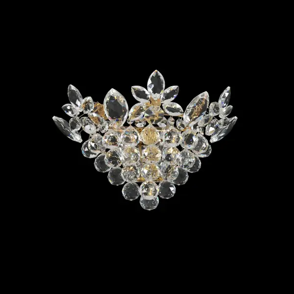 Available in Chrome or 18k Gold, these empire inspired frames are adorned with faceted crystal balls to form the bottom baskets. Collection: Treviso Rooms: Living Room, Bedroom, Family Room, Dining Room Finish: Gold Glass: Firenze Clear Crystal: Firenze Clear Notes: Firenze Clear Width: 17.25" Height: 9.50" Weight: 7.00 lb Extension from Wall: 9.75" Wire: 12`` Canopy: 10.5``x5.75``x1`` Number of Bulbs: 2 Maximum Wattage: 40.00 W Bulb Base: E12 Candelabra Dimmable Voltage: 120.00 V Material: Steel Country of Origin: China Safety Listing: cETL Safety Rating: Dry