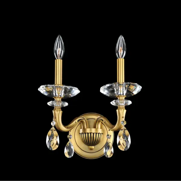 This series is constructed of solid cast brass and features a tapered crystal column and our exclusive crystal Firenze drops and bobeches. Available in Historic Brass or our proprietary 2-Tone Silver finishes. Collection: Jolivet Rooms: Living Room, Bedroom, Family Room, Dining Room Finish: Historic Brass Glass: Firenze Clear Crystal: Firenze Clear Notes: Firenze Clear Width: 14.00" Height: 16.00" Weight: 6.00 lb Extension from Wall: 9.50" Wire: 12`` Mounting Height: 7.00" Canopy: 5.75``x0.5`` Number of Bulbs: 2 Maximum Wattage: 40.00 W Bulb Type: E12 Bulb Base: E12 Candelabra Dimmable Voltage: 120.00 V Material: Cast Solid Brass Country of Origin: China Safety Listing: cETL Safety Rating: Dry