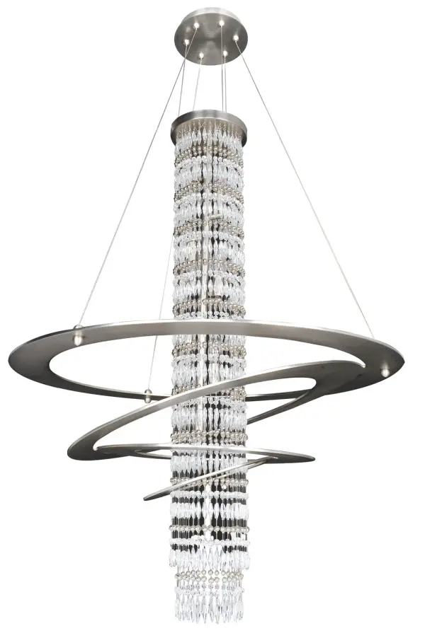 The free flowing spiral framework of the Collection is highlighted by the central column of cascading crystal. Collection: Giovanni Rooms: Kitchen, Dining, Great Room, Foyer Finish: Brushed Nickel Glass: Firenze Clear Notes: Firenze Clear Width: 32.00" Height: 42.00" Weight: 40.00 lb Chain: 48`` Wire: 96`` Canopy: 6``x1.25`` Number of Bulbs: 7 Maximum Wattage: 40.00 W Bulb Base: E12 Candelabra Dimmable Voltage: 120.00 V Material: Plated Steel Country of Origin: China Safety Listing: Dry Safety Rating: cETL