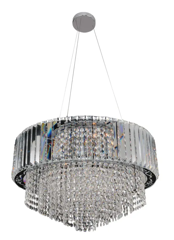 Beautifully adorned with Firenze Prisms, a cascade of Firenze Drops and laser cut banding, this collection will become a timeless addition to any environment. Collection: Adaliz Rooms: Kitchen, Dining, Great Room, Foyer Finish: Chrome Glass: Firenze Clear Notes: Firenze Clear Width: 24.00" Height: 26.00" Weight: 23.00 lb Chain: 48`` Wire: 96`` Canopy: 5``x1`` Number of Bulbs: 12 Maximum Wattage: 40.00 W Bulb Base: E12 Candelabra Dimmable Voltage: 120.00 V Material: Stainless Steel Country of Origin: China Safety Listing: Dry Safety Rating: cETL