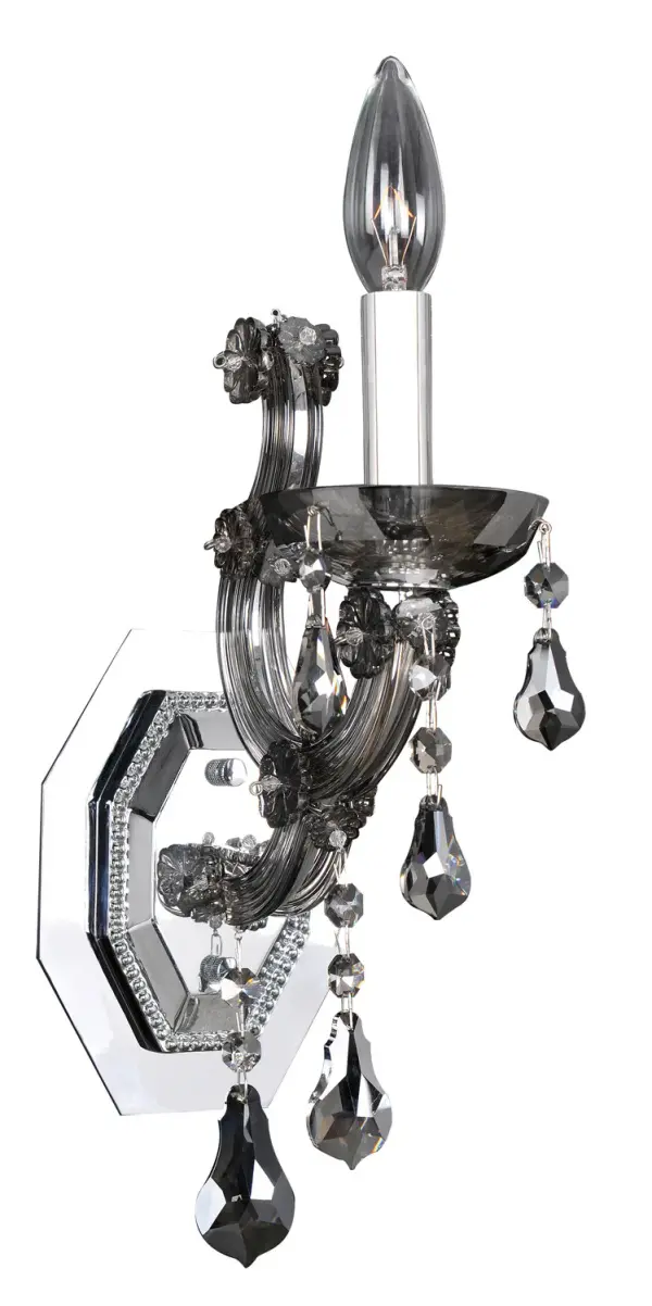 The Brahms Collection was inspired by the majestic chandeliers of Vienna`s famous Schloss Schönbrunn. Available in either of Allegri`s Chrome or Rose Gold finishes and accented with drops and drapes of crystal, these sumptuous fixtures become works of art. Collection: Brahms Rooms: Living Room, Bedroom, Family Room, Dining Room Finish: Chrome Glass: Firenze Smoked Fleet Argentine Crystal: Firenze Smoked Fleet Argentine Notes: Firenze Smoked Fleet Argentine Width: 5.00" Height: 14.00" Weight: 4.00 lb Extension from Wall: 7.58" Wire: 12`` Mounting Height: 10.00" Canopy: 5``x7``x0.75`` Number of Bulbs: 1 Maximum Wattage: 40.00 W Bulb Type: Candelabra Bulb Base: E12 Candelabra Dimmable Voltage: 120.00 V Material: Laser Cut Steel Country of Origin: China Safety Listing: cETL Safety Rating: Dry