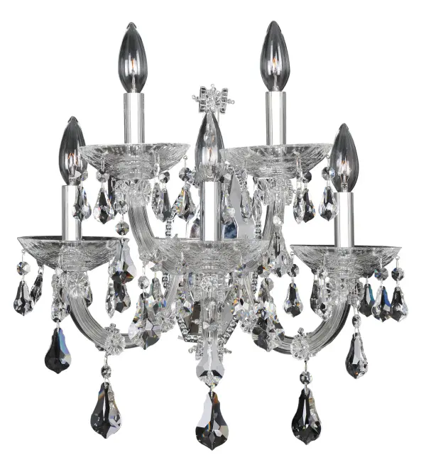 The Brahms Collection was inspired by the majestic chandeliers of Vienna`s famous Schloss Schönbrunn. Available in either of Allegri`s Chrome or Rose Gold finishes and accented with drops and drapes of crystal, these sumptuous fixtures become works of art. Collection: Brahms Rooms: Living Room, Bedroom, Family Room, Dining Room Finish: Chrome Glass: Firenze Clear Crystal: Firenze Clear Notes: Firenze Clear Width: 16.50" Height: 18.00" Weight: 15.00 lb Extension from Wall: 10.00" Wire: 12`` Mounting Height: 10.50" Canopy: 5``x7``x0.75`` Number of Bulbs: 5 Maximum Wattage: 40.00 W Bulb Type: Candelabra Bulb Base: E12 Candelabra Dimmable Voltage: 120.00 V Material: Laser Cut Steel Country of Origin: China Safety Listing: cETL Safety Rating: Dry