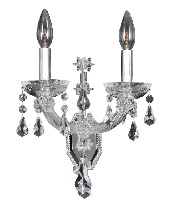 The Brahms Collection was inspired by the majestic chandeliers of Vienna`s famous Schloss Schönbrunn. Available in either of Allegri`s Chrome or Rose Gold finishes and accented with drops and drapes of crystal, these sumptuous fixtures become works of art. Collection: Brahms Rooms: Living Room, Bedroom, Family Room, Dining Room Finish: Chrome Glass: Firenze Clear Crystal: Firenze Clear Notes: Firenze Clear Width: 10.00" Height: 14.00" Weight: 8.00 lb Extension from Wall: 8.00" Wire: 12`` Mounting Height: 9.75" Canopy: 5``x7``x0.75`` Number of Bulbs: 2 Maximum Wattage: 40.00 W Bulb Type: Candelabra Bulb Base: E12 Candelabra Dimmable Voltage: 120.00 V Material: Laser Cut Steel Country of Origin: China Safety Listing: cETL Safety Rating: Dry