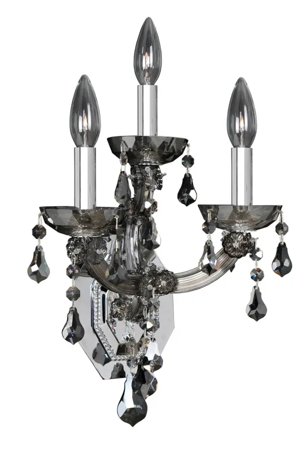 The Brahms Collection was inspired by the majestic chandeliers of Vienna`s famous Schloss Schönbrunn. Available in either of Allegri`s Chrome or Rose Gold finishes and accented with drops and drapes of crystal, these sumptuous fixtures become works of art. Collection: Brahms Rooms: Living Room, Bedroom, Family Room, Dining Room Finish: Chrome Glass: Firenze Smoked Fleet Argentine Crystal: Firenze Smoked Fleet Argentine Notes: Firenze Smoked Fleet Argentine Width: 10.00" Height: 17.00" Weight: 10.00 lb Extension from Wall: 8.00" Wire: 12`` Mounting Height: 12.75" Canopy: 5``x7``x0.75`` Number of Bulbs: 3 Maximum Wattage: 40.00 W Bulb Type: Candelabra Bulb Base: E12 Candelabra Dimmable Voltage: 120.00 V Material: Laser Cut Steel Country of Origin: China Safety Listing: cETL Safety Rating: Dry