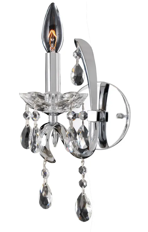 Catalani`s flowing lines features the extruded tapered oval arms and a crown of jewels in a beautiful array of faceted pear-shaped drops. A transitional design with polished chrome finish and clear hand cut crystal bobeches is sure to please. Collection: Catalani Rooms: Living Room, Bedroom, Family Room, Dining Room Finish: Chrome Glass: Firenze Clear Crystal: Firenze Clear Notes: Firenze Clear Width: 5.00" Height: 13.00" Weight: 19.00 lb Extension from Wall: 8.00" Chain: 48`` Wire: 8`` Mounting Height: 6.00" Canopy: 5``x0.5`` Number of Bulbs: 1 Maximum Wattage: 40.00 W Bulb Type: Candelabra Bulb Base: E12 Candelabra Dimmable Voltage: 120.00 V Material: Plated Steel Country of Origin: China Safety Listing: cETL Safety Rating: Dry