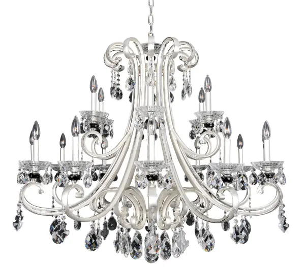 The Bedetti Collection was inspired by the sophisticated apartments on New York City`s Park Avenue. The elegant curves are accentuated with Allegri`s exclusive Tow-tone Silver finish and can be combined with our extensive selection of shades. Bedetti is where the combination of modern and traditional meet with style and panache. Collection: Bedetti Rooms: Dining Room, Bedroom, Kitchen, Foyer Finish: Two Tone Silver Glass: Firenze Clear Crystal: Firenze Clear Notes: Firenze Clear Width: 46.00" Height: 32.00" Weight: 87.00 lb Chain: 96`` Wire: 132`` Canopy: 5.25``x1`` Number of Bulbs: 18 Maximum Wattage: 40.00 W Bulb Type: Candelabra Bulb Base: E12 Candelabra Dimmable Voltage: 120.00 V Material: Cast Solid Brass Country of Origin: China Safety Listing: cETL Safety Rating: Dry