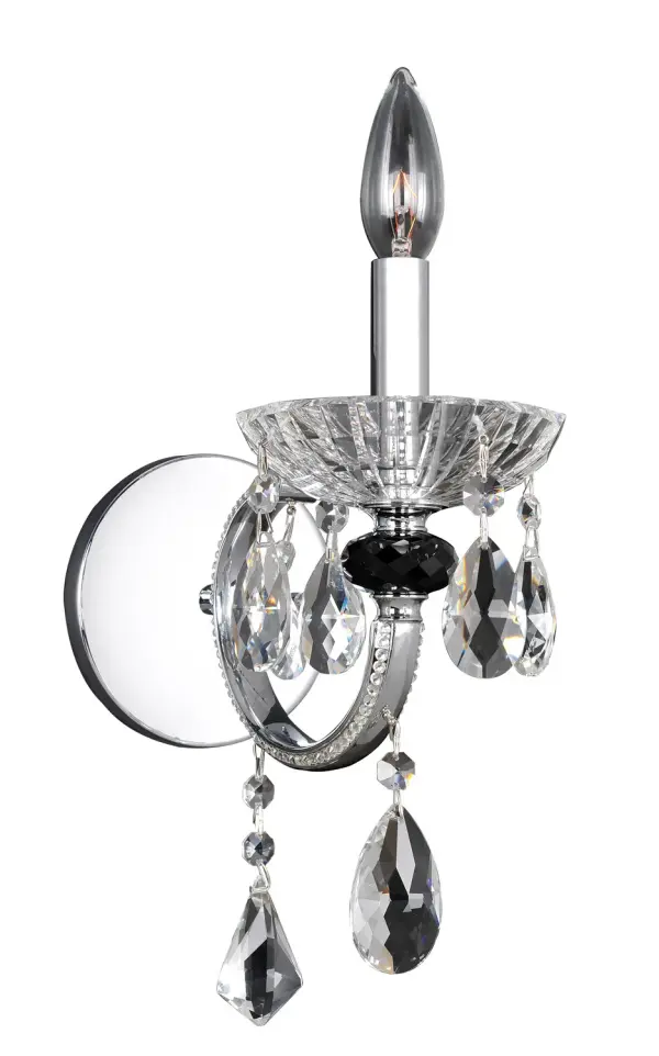 The Steffani Collection features modern chandeliers that incorporate traditional elements. With a crystal-accented stem, the curves are embedded with Clear Firenze crystals, available in Allegri`s exclusive Chrome and 24k Gold finishes and are crowned with Clear Firenze crystal bobeches. Allegri`s Firenze or Swarovski Elements crystals are opulently draped and dangled to add sparkle Collection: Steffani Finish: Chrome Glass: Firenze Clear Width: 11.60" Height: 14.00" Weight: 4.00 lb Extension from Wall: 6.70" Wire: 12`` Mounting Height: 12.25" Canopy: 5.5``x8.75`` Number of Bulbs: 1 Maximum Wattage: 40.00 W Bulb Base: E12 Candelabra Voltage: 120.00 V Country of Origin: China Safety Listing: Dry Safety Rating: cUL