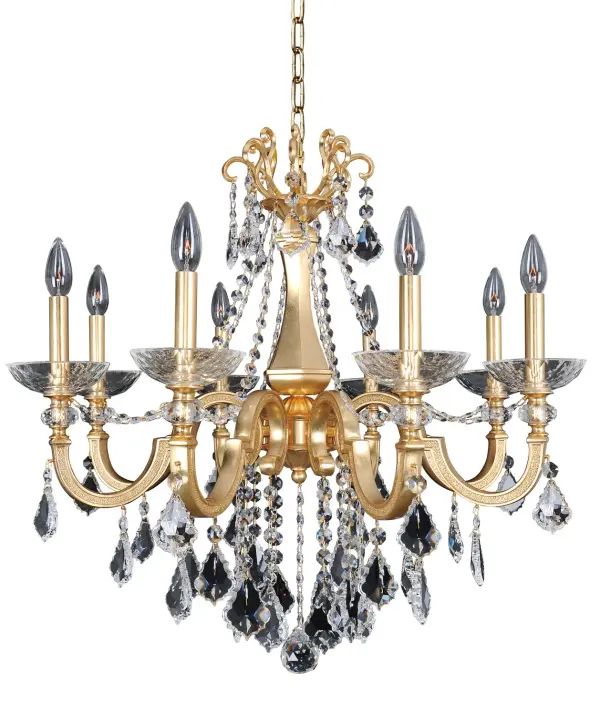 The Collection was inspired by Victorian Era lighting and decor. The delicate curves of these fixtures are detailed with channels of hand-laid crystals and available in three of Manufacturer`s exclusive finishes. The multi-faceted bobeches and crystal drops combine clear and golden crystals to reflect warm light and a subtle sparkle. Collection: Barret Rooms: Dining Room, Bedroom, Kitchen, Foyer Finish: French Gold Glass: Firenze Clear Notes: Firenze Clear Width: 29.00" Height: 28.00" Weight: 30.00 lb Chain: 48`` Wire: 96`` Canopy: 6``x1.75`` Number of Bulbs: 8 Maximum Wattage: 40.00 W Bulb Base: E12 Candelabra Dimmable Voltage: 120.00 V Material: Cast Solid Brass Country of Origin: China Safety Listing: Dry Safety Rating: cETL