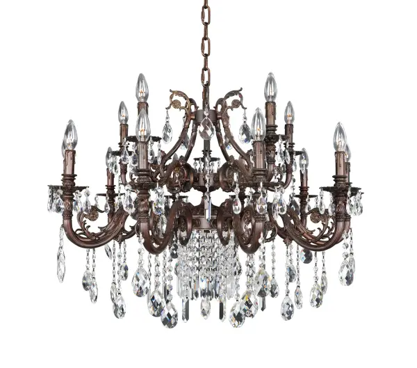 Collection is a classic example of Manufacturer`s ability to create amazing pieces of art, through the use of solid brass castings, multiple step hand painted finishes and fine crystal reminiscent of old country. Available in our exclusive Sienna Bronze finish with Clear or Fleet Gold Firenze crystals. Collection: Avelli Rooms: Dining Room, Bedroom, Kitchen, Foyer Finish: Sienna Bronze W-Antique Silver Leaf accents. Glass: Firenze Clear Notes: Firenze Clear Width: 37.00" Height: 27.00" Weight: 53.00 lb Chain: 96`` Wire: 132`` Canopy: 6``x1.75`` Number of Bulbs: 15 Maximum Wattage: 40.00 W Bulb Base: E12 Candelabra Dimmable Voltage: 120.00 V Material: Cast Solid Brass Country of Origin: China Safety Listing: Dry Safety Rating: cETL