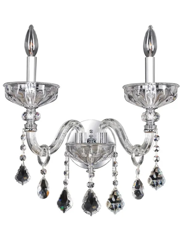 Clovio`s classoc style combines clear blown glass arms reminiscent of the old country, with clear Firenze bobeches. Crystal rings, clear pendeloque crystals and chrome accents grace this beautiful collection. Collection: Clovio Finish: Chrome Glass: Firenze Clear Width: 15.00" Height: 17.00" Weight: 5.00 lb Wire: 12`` Mounting Height: 10.00" Canopy: 5.25``x0.5`` Number of Bulbs: 2 Maximum Wattage: 40.00 W Bulb Base: E12 Candelabra Voltage: 120.00 V Country of Origin: China Safety Listing: Dry Safety Rating: cUL