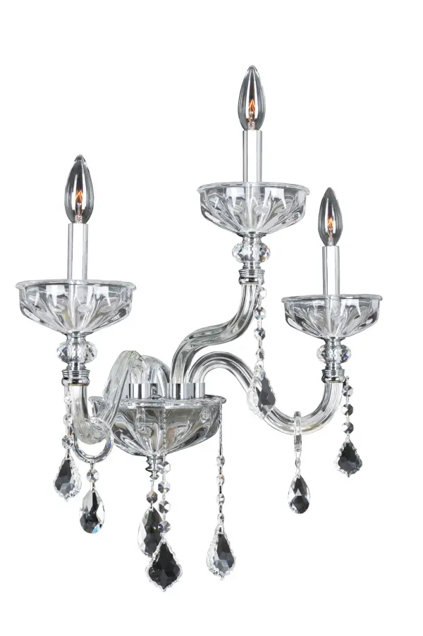 Clovio`s classoc style combines clear blown glass arms reminiscent of the old country, with clear Firenze bobeches. Crystal rings, clear pendeloque crystals and chrome accents grace this beautiful collection. Collection: Clovio Finish: Chrome Glass: Firenze Clear Width: 19.00" Height: 23.00" Weight: 9.00 lb Wire: 12`` Mounting Height: 14.75" Canopy: 5.25``x0.5`` Number of Bulbs: 3 Maximum Wattage: 40.00 W Bulb Base: E12 Candelabra Voltage: 120.00 V Country of Origin: China Safety Listing: Dry Safety Rating: cUL