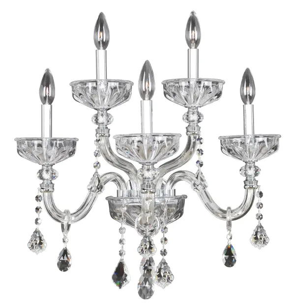 Clovio`s classoc style combines clear blown glass arms reminiscent of the old country, with clear Firenze bobeches. Crystal rings, clear pendeloque crystals and chrome accents grace this beautiful collection. Collection: Clovio Finish: Chrome Glass: Firenze Clear Width: 21.00" Height: 14.00" Weight: 11.00 lb Wire: 12`` Mounting Height: 14.75" Canopy: 5.25``x0.5`` Number of Bulbs: 5 Maximum Wattage: 40.00 W Bulb Base: E12 Candelabra Voltage: 120.00 V Country of Origin: China Safety Listing: Dry Safety Rating: cUL