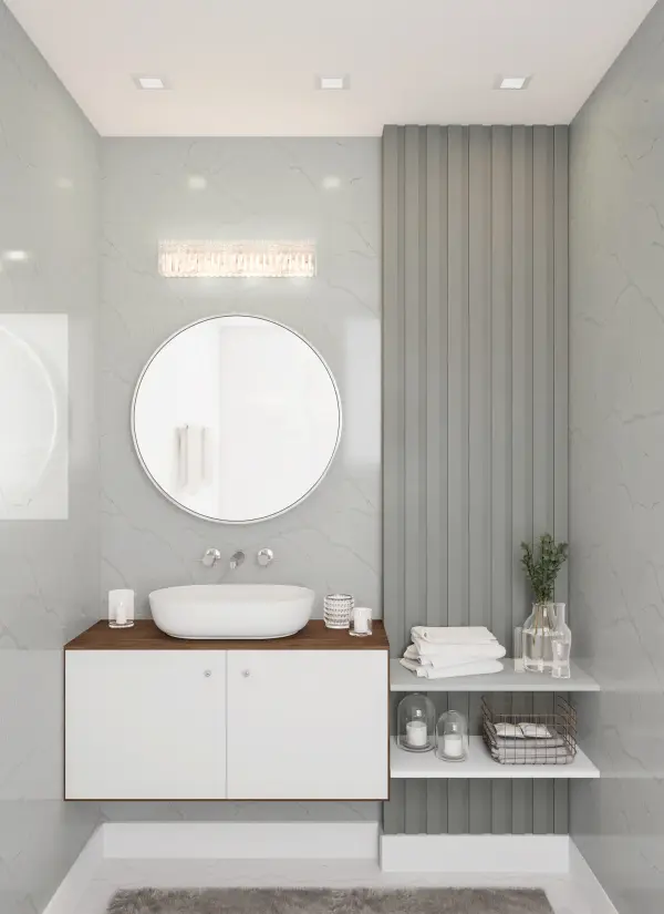The Vanita 24" Bath Light features faceted crystal squares and rectangles in a clean, contemporary design. Its polished chrome finish and brilliant crystal elements create a luxurious focal point for any bathroom vanity. - alternate view