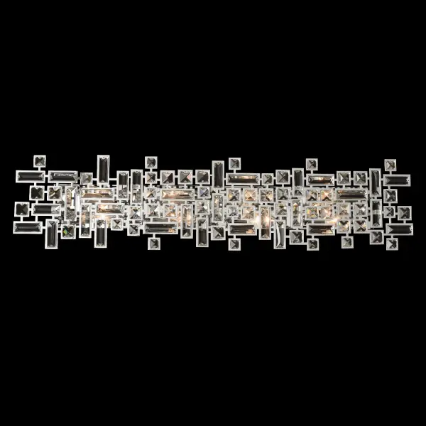 The Vermeer 38" Bath Light brings De Stijl-inspired artistry to bathroom lighting with its unique arrangement of clear prism crystals in asymmetric patterns. The polished chrome finish and laser-cut steel construction create a sophisticated focal point.