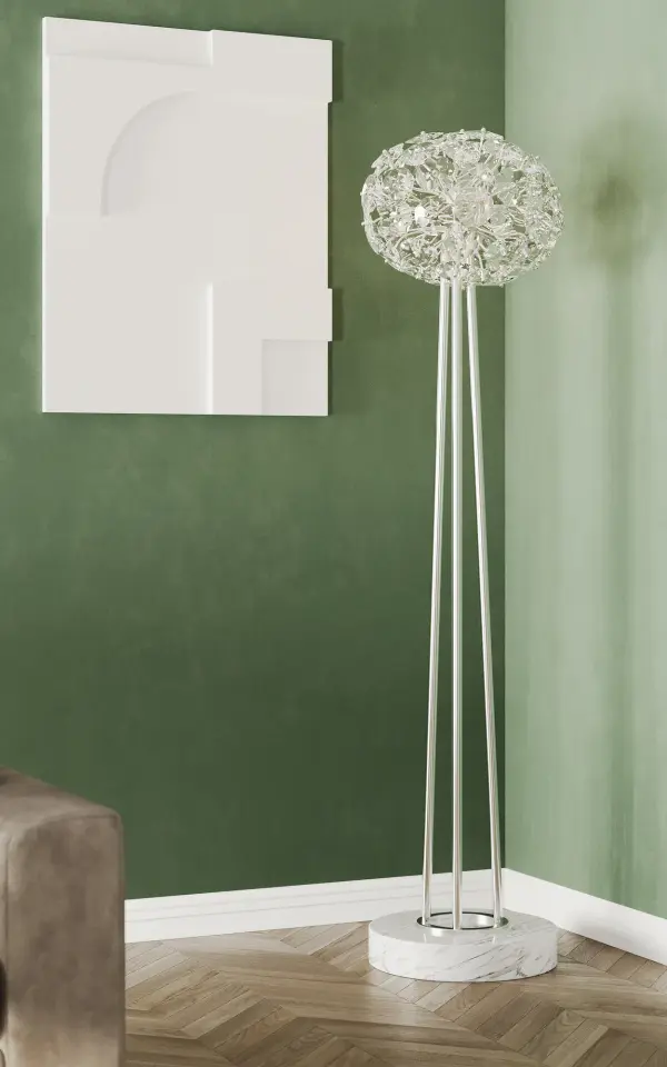 The Spazio Floor Lamp combines faceted Firenze crystal discs with polished chrome accents and an authentic marble base, creating a stunning statement piece that balances modern elegance with artisanal craftsmanship. - alternate view