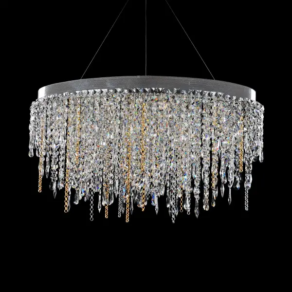 The Tenuta transforms spaces with cascading Firenze crystals and mixed metal jewelry chains. Its 36-inch linear design delivers sophisticated glamour perfect for upscale kitchens and formal dining rooms.