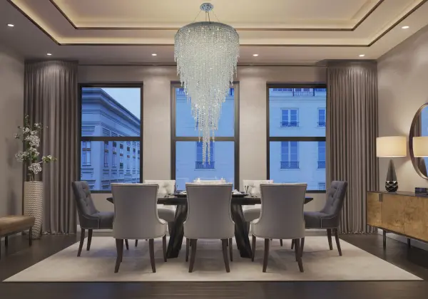 The Tenuta combines precision stainless steel construction with elegant Firenze Crystal in a striking 36-inch diameter. Its convertible design offers installation flexibility, while the polished chrome finish adds contemporary sophistication. - alternate view