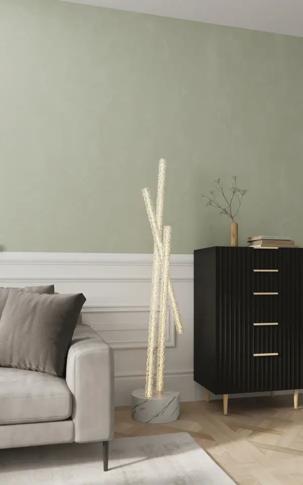 The Lina Floor Lamp combines modern design with luxurious Firenze crystal strands wrapped around a polished chrome frame. At nearly 6 feet tall, this statement piece arrives fully dressed and ready to install with integrated LED tape lighting and cord dimmer control. - alternate view