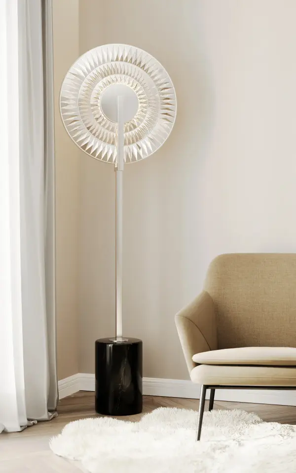 The Cerichio Floor Lamp combines architectural elegance with luxurious materials. Featuring a chain link-inspired design with Firenze crystal, polished chrome finish, and integrated LED lighting, this statement piece delivers 2610 lumens at 3000K with exceptional 90 CRI. The marble base provides stability while the cord-mounted dimmer offers convenient control. - alternate view