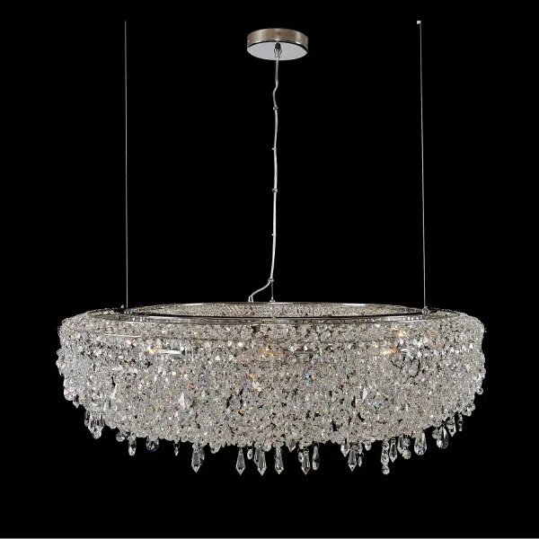 Features simple circle and other unique frame shapes with Firenze Crystal drops. Finish is Polished Chrome and fixtures come fully dressed for easy installation. Collection: Voltare Rooms: Kitchen, Dining, Great Room, Foyer Finish: Chrome Glass: Firenze Clear Crystal: Firenze Clear Notes: Firenze Clear Width: 42.00" Height: 7.00" Weight: 62.00 lb Chain: 96`` Wire: 144`` Canopy: 8``x1`` Number of Bulbs: 12 Maximum Wattage: 60.00 W Bulb Base: E12 Candelabra Dimmable Voltage: 120.00 V Material: Plated Steel Country of Origin: China Safety Listing: cETL Safety Rating: Dry