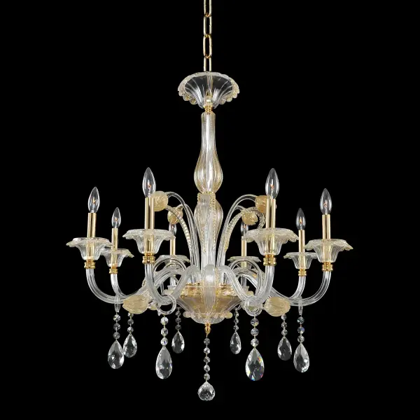 Features 24k Gold Infused bobeches and columns with flowered accents. Clear Firenze Crystal accent this very detailed frame. Collection: La Rosa Rooms: Dining Room, Bedroom, Kitchen, Foyer Finish: Gold Glass: Firenze Clear Crystal: Firenze Clear Notes: Firenze Clear Width: 32.00" Height: 36.00" Weight: 42.00 lb Chain: 96`` Wire: 144`` Canopy: 8``x3.25`` Number of Bulbs: 8 Maximum Wattage: 60.00 W Bulb Base: E12 Candelabra Dimmable Voltage: 120.00 V Material: Mouth Blown Glass , Solid Brass Country of Origin: China Safety Listing: cETL Safety Rating: Dry