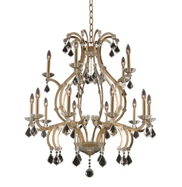 Modern take on a classic design featuring French wiring (external wiring), French pendalogs and rosettes. Collection features in an exquisite brushed champagne gold finish. Collection: Duchess Rooms: Dining Room, Bedroom, Kitchen, Foyer Finish: Brushed Champagne Gold Glass: Firenze Clear Crystal: Firenze Clear Notes: Firenze Clear Width: 35.00" Height: 39.00" Weight: 45.00 lb Chain: 48`` Wire: 96`` Canopy: 5``x1.25`` Number of Bulbs: 15 Maximum Wattage: 60.00 W Bulb Base: E12 Candelabra Dimmable Voltage: 120.00 V Material: Laser Cut Steel Country of Origin: China Safety Listing: cETL Safety Rating: Dry