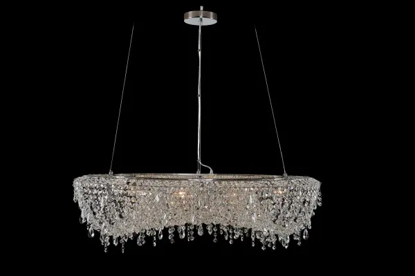 Features simple circle and other unique frame shapes with Firenze Crystal drops. Finish is Polished Chrome and fixtures come fully dressed for easy installation. Collection: Voltare Rooms: Kitchen, Dining, Great Room, Foyer Finish: Chrome Glass: Firenze Clear Crystal: Firenze Clear Notes: Firenze Clear Width: 15.00" Height: 8.00" Length: 36.00" Weight: 38.00 lb Chain: 96`` Wire: 144`` Canopy: 5``x1`` Number of Bulbs: 8 Maximum Wattage: 60.00 W Bulb Type: E12 Bulb Base: E12 Candelabra Dimmable Voltage: 120.00 V Material: Plated Steel Country of Origin: China Safety Listing: cETL Safety Rating: Dry