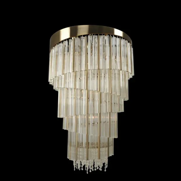 The Espirali Large Foyer Pendant makes an unforgettable impression with its dramatic spiral framework in Brushed Champagne Gold, adorned with tri-sided crystal rods, drops, and chimes that catch and reflect light beautifully.