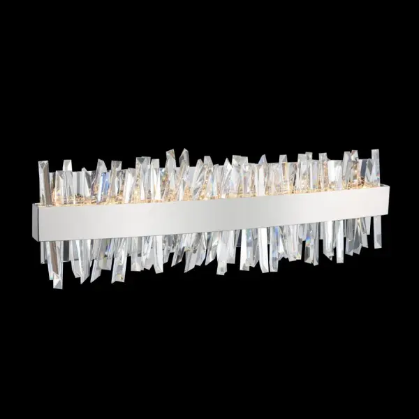The Glacier Bath Light combines polished chrome framing with ice-shaped crystal spears and integrated LED backlighting for a truly unique bathroom lighting experience. ADA compliant and dimmable for versatility.